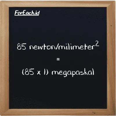 Cara konversi newton/milimeter<sup>2</sup> ke megapaskal (N/mm<sup>2</sup> ke MPa): 85 newton/milimeter<sup>2</sup> (N/mm<sup>2</sup>) setara dengan 85 dikalikan dengan 1 megapaskal (MPa)